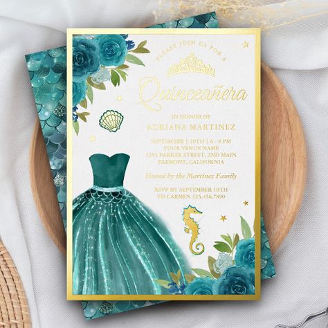 $ 3.95 | Under the Sea Teal Dress Mermaid Quinceanera Gold - quinceanera, shiny luxury glam girly chic, modern elegant cute stylish fancy, fifteen 15th birthday party, mis quince anos mexican latina, gold foil, botanical watercolor painted roses, pretty gown ombre dress floral, under the sea aqua green, crown tiara seahorse seashell princess Under The Sea Quinceanera Theme, Quince Invitations, Gold Foil Invitation, Quinceanera Themes, Sweet Sixteen Invitations, Mermaid Birthday Invitations, Dress Mermaid, Sweet 16 Invitations, Foil Invitations