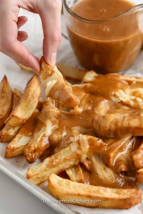 These tasty New Jersey disco fries are a fantastic appetizer or a fun lunchtime treat. When it comes to fries with gravy and cheese, the calories don't count! #theshortcutkitchen #discofries #frieswithgravyandcheese #gravycheesefries #appetizer #sidedish #recipe #homemade #gravy #french #howtomake Disco Fries Recipe, Disco Fries, Gravy Fries, Chicken And Egg Noodles, Poutine Recipe, Creamy Crockpot Chicken, Best Egg Salad Recipe, Crockpot Chicken Thighs, Scalloped Potatoes And Ham