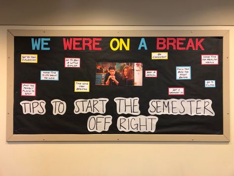 Bulletin board with black backing paper titled "We were on a break: Tips for starting the new semester off right." Picture of Ross and Rachel from Friends in the center. Tips surrounding the center photo in blue, red, and yellow paper. Friends Bulletin Board, August Bulletin Boards, Residence Life Bulletin Boards, Dorm Bulletin Boards, Res Life Bulletin Boards, Resident Assistant Bulletin Boards, Middle School Bulletin Boards, We Were On A Break, Dorm Door Decorations