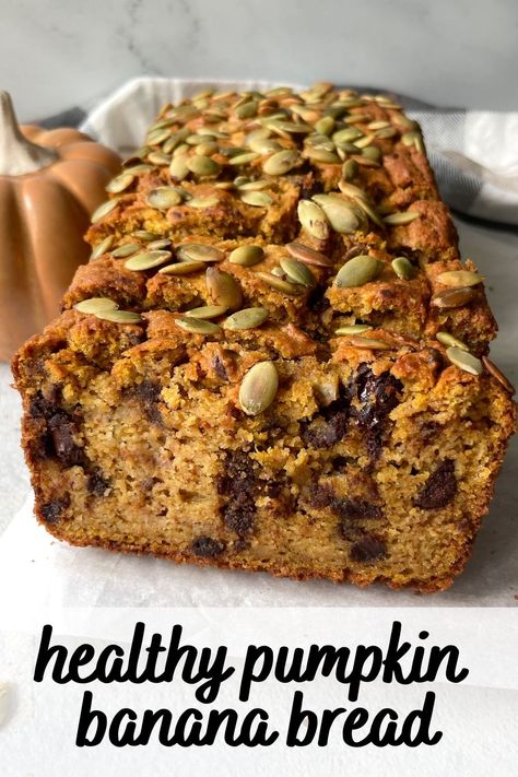 Healthy Pumpkin Banana Bread Pumpkin Banana Bread Healthy, Healthy Pumpkin Banana Bread, Leftover Canned Pumpkin, Use Up Ripe Bananas, Frozen Banana Recipes, Healthy Pumpkin Bread, Pumpkin Banana Bread, Pumpkin Breakfast, Chocolate Chip Bread