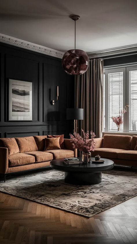 Dark Moody Small Living Room, Dark Arcadia Living Room, Small Living Room Ideas Dark, Rich Dark Luxury Living Room, Dark Navy Living Room, Old Money Living Room Dark, Moody Dark Living Room With A Dark Brown Sectional Sofa, Creative Living Room Ideas, Room Ideas Dark