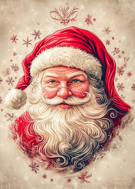 Vintage Santa Claus Pictures, Christmas Santa Pictures, Nutcracker Faces, Vintage Christmas Paintings, Christmas Retro Illustration, Vintage Christmas Images Printables Free, 50s Christmas Aesthetic, Vintage Santa Claus Photos, Vintage Santa Images