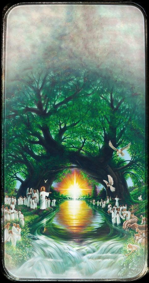 He showed me a pure river of water of life, clear as crystal, proceeding out of the throne of God and of the Lamb. In the midst of the street of it, and on either side of the river, was there the tree of life, which bare twelve manner of fruits, and yielded her fruit every month: and the leaves of the tree were for the healing of the nations. The Throne Of God, River God, Throne Of God Heavens, Gods Throne In Heaven, Tree Of Life Bible Art, Jesus Family Tree, Revelations Bible End Time Art, Jesus Tree, Jesus Love Images