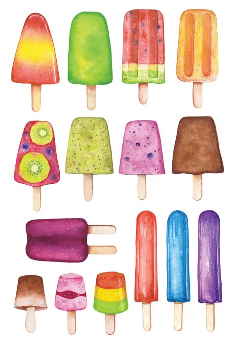 Popsicles Drawing, Popsicles Watercolor, Cucumber Popsicles, Watercolor Popsicles, Watercolor Ice Cream, Popsicle Art, Fruit Popsicles, Hawaiian Party Decorations, Watercolor Beginner