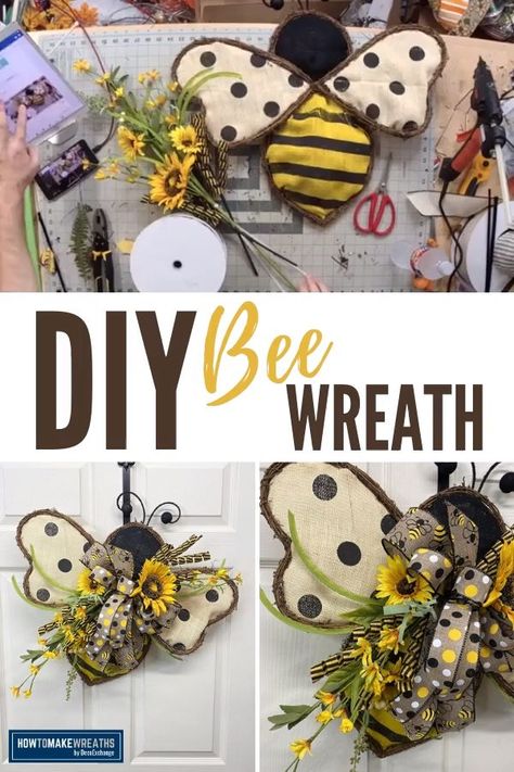 Dollar Tree Bee Wreath Form Ideas, Bee Wreath Ideas, Beehive Wreath Dollar Tree, Bee Hive Wreath Diy Dollar Tree, Dollar Tree Bee Hive Wreath Form, Dollar Tree Bee Wreath Form, Dollar Tree Bumble Bee Wreath, How To Make A Bee, Bee Wreaths For Front Door