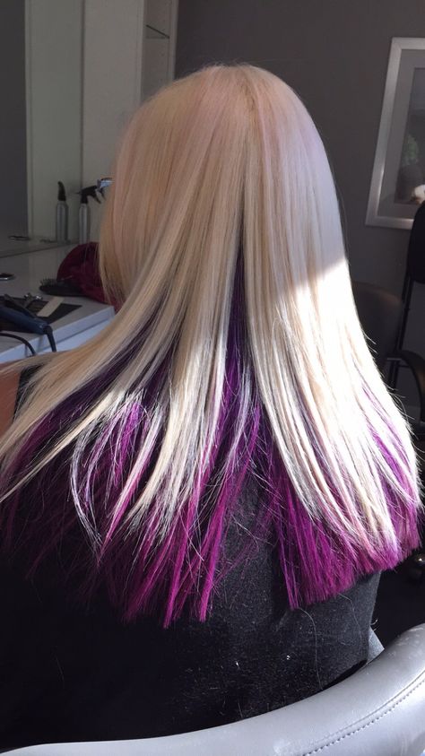 Bree Salon Goldwell color joico color pink hair purple hair platinum blonde hair Pink Peekaboo, Purple Blonde Hair, Purple Blonde, Dyed Hairstyles, Blonde Ideas, Underneath Hair Color, Blonde Dye, Wild Hair Color, Blonde Hair Ideas