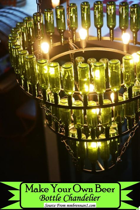 Diy Beer Bottle, Beer Bottle Chandelier, Beer Bottle Lights, Homemade Chandelier, Beer Bottle Diy, Rehab House, Beer Bottle Art, Wine Bottle Chandelier, How To Make A Chandelier