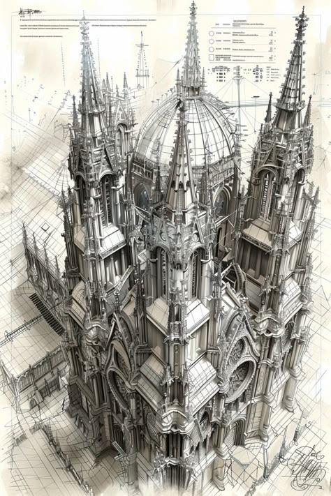 Realistic Castle Drawing, Old London Architecture, High Gothic Architecture, How To Design Architecture, Cool Architecture Drawings, Fantasy Gothic Architecture, Architectural Drawings Plan, Landscape City Drawing, Victorian Architecture Aesthetic