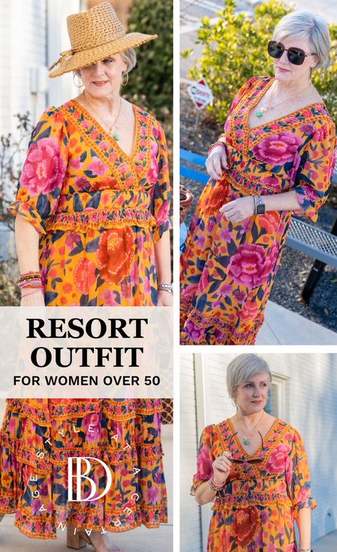 Resort wear doesn't have to be frumpy or matronly. You can look stylish and age-appropriate in resort wear when you follow these fashion tips. This post features a resort wear outfit for women over 50, so you can feel confident and comfortable on your next vacation. Women's Resort Wear, Plus Size Resort Wear Outfits, Resort Casual Attire Women, Resort Wear For Women Classy, Plus Size Resort Wear, Resort Clothing, Cancun Outfits, Island Style Clothing, Tropical Vacation Outfits