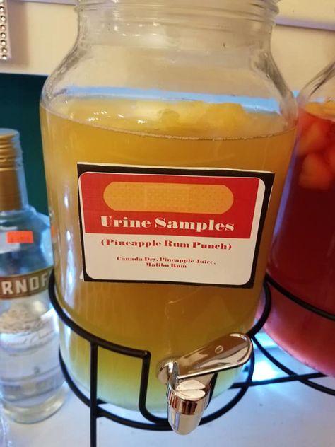 "Urine Samples"- Pineapple Rum Punch. NP Graduation Party Nursing Graduation Party Drinks, Nursing Themed Drinks, Np Graduation Party Ideas, Nurse Drink Ideas, Pharmacy Themed Cocktail, Medical Themed Drinks, Nurse Themed Drinks, Vet Med Themed Drinks, Nursing School Graduation Party Food