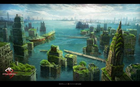 water city, Byung-ju Bong on ArtStation at https://www.artstation.com/artwork/2k1dK Apocalypse Landscape, Post Apocalyptic City, Dystopian Art, Water City, Apocalypse World, Apocalypse Aesthetic, Post Apocalyptic Art, Apocalypse Art, Photographie Portrait Inspiration