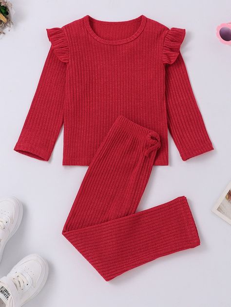 Toddler Girls Ruffle Trim Tee With Bow Front Pants Bow Season, Toddler Fall, Lace Dress With Sleeves, Red Outfit, Tops Fall, Toddler Girl Outfits, Two Piece Outfit, Baby Wearing, Girls Clothing