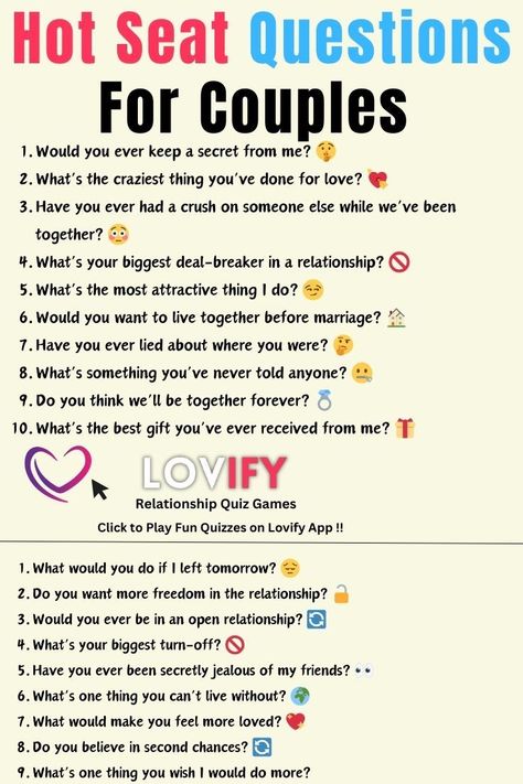 Hot Seat Questions for Couples . Save this pin now so you can come back to it anytime for inspiration and meaningful dialogue! Couple Questions Game, Living Together Before Marriage, Hot Seat Questions, Couple Quiz, Question Games For Couples, Best Questions To Ask, Questions To Ask Your Partner, Couples Quizzes, Couples Quiz