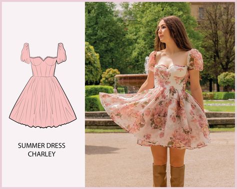 Cute Summer Dress Patterns, Beginner Dress Pattern Summer, Free Short Dress Pattern, Romantic Dress Pattern, How To Make A Dress Pattern Diy, Summer Clothing Patterns, Sun Dress Sewing Pattern Free, Cute Handmade Summer Dress, Sewing Patterns Dresses Summer