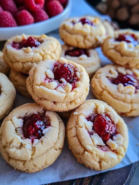 Baker By Nature Raspberry Cheesecake Thumbprint Cookies, Five Ingredient Raspberry Cheesecake Thumbprint Cookies, Strawberry Cheesecake Thumbprint Cookies, Raspberry Cheesecake Thumbprint Cookies, Rasberry Cheesecake Cookies, Raspberry Cream Cheese Bites, Breakfast Appetizers Finger Foods, Raspberry Cream Cheese Cookies, Subway Raspberry Cheesecake Cookies