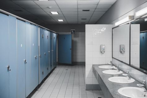 Public toilet and Bathroom interior with wash basin and toilet room. Bathroom Stall Doors, Stall Door, School Bathroom, Bathroom Stall, Public Bathrooms, Toilet Room, Public Restroom, Boys Bathroom, Wash Basin