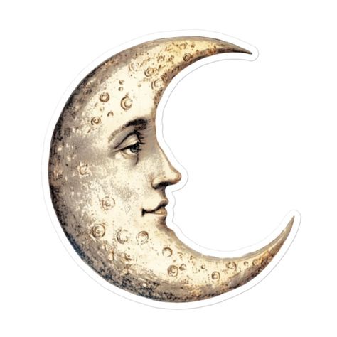 Embrace the magic of the night sky with this vintage crescent moon face sticker! Perfect for those who love celestial art, this moon decal brings an enchanting touch to your laptop, journal, or water bottle. The detailed design is inspired by vintage illustrations, making it ideal for fans of Gothic, bohemian, and astrology-inspired aesthetics. This high-quality vinyl sticker is waterproof and weather-resistant, so it's built to last, whether indoors or outdoors. Perfect as a gift for astrology lovers, star-gazers, or anyone who appreciates unique, vintage-inspired designs. Features: Materials: Waterproof vinyl Ideal for: Laptops, water bottles, phone cases, journals, scrapbooks Gift for: Astrology lovers, celestial decor fans, Gothic and boho enthusiasts Don't forget to clean the surface Vintage Stickers Png, Laptop Stickers Aesthetic Vintage, Moon Vintage Illustration, Aesthetic Stickers For Journal, Vintage Moon Art, Moon Face Art, Stickers Aesthetic Vintage, Vintage Aesthetic Stickers, Bohemian Stickers