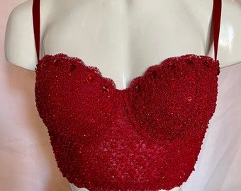 Exclusive hand beaded lace tops at an affordable by TopsWorld Red Surprise Dance Outfits, Quince Suprise Outfit Red, Surprise Dance Outfits Quinceanera Red, Quince Surprise Dance Outfits, Half Corset, Red Bustier Top, Surprise Dance Outfits, Dominican Style, Red Quinceanera Ideas