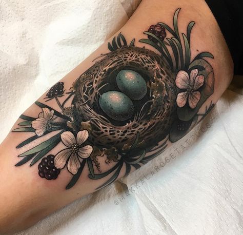 Nest & eggs by Makkala Rose, an artist at Flax Roots Tattoo, a studio in Hamilton, New Zealand. Nest Tattoo, Red Bird Tattoos, Ink Well, Chest Tattoos For Women, Bird Tattoo, Roses Pink, Birds Nest, Tattoo Illustration, Neo Traditional