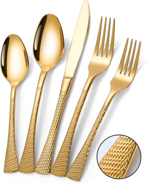 Hammered Gold Silverware Set,20 Piece Modern Flatware Set Service for 4,Mirror Polished Stainless Steel Cutlery Set Tableware Set,Kitchen Knives Forks Spoons Set,Dishwasher Safe Gold Silverware, Modern Flatware, Sterling Silver Flatware, Fork Set, Stainless Steel Cutlery, Silver Flatware, Forks And Spoons, Stainless Steel Flatware, Hammered Gold