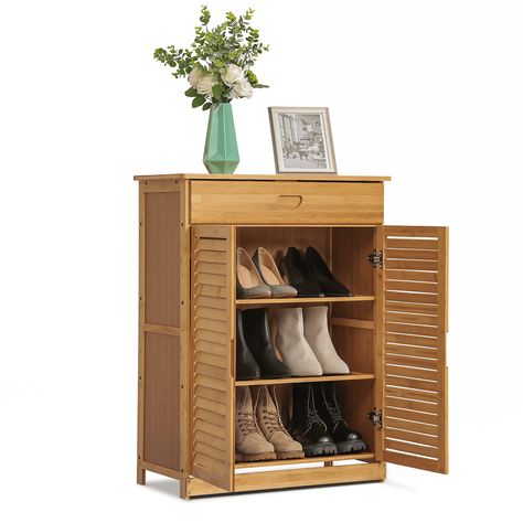 MoNiBloom Bamboo 3 Tiers 1 Drawer Shoes Rack, 9 Pairs Storage Cabinet, Natural, for Entryway - Walmart.com Hidden Shoe Storage, Shoe Rack Drawer, Door Shoes, Mesh Doors, Bamboo Cabinets, Shoes Organizer, Bathroom Standing Cabinet, Shoes Rack, Door Shoe Organizer