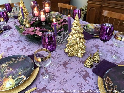 Purple And Gold Christmas Decorations, Globe Candle Holder, Purple Table, Last Holiday, Table For Two, Poinsettia Wreath, Gold Christmas Decorations, Beautiful Table Settings, Purple Christmas