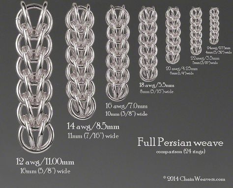 Full Persian 6 in 1 weave. Size chart comparison based on 24 rings in different sizes. Ring Pull Chain Mail, Full Persian Chainmaille Tutorial, Weaved Jewelry, European 4 In 1 Chainmaille Tutorial, Chainmail Jewelry Making Tools, Jump Ring Chain, Ceramic Jewelry Box, Chainmaille Jewelry Patterns, Chain Maille Patterns