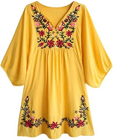 Bohemian Embroidery, Mexican Outfit, Womens Tops Dressy, Flowy Mini Dress, Yellow Short, Mexican Dresses, Embroidery Floral, Crewneck Dress, Floral Tunic