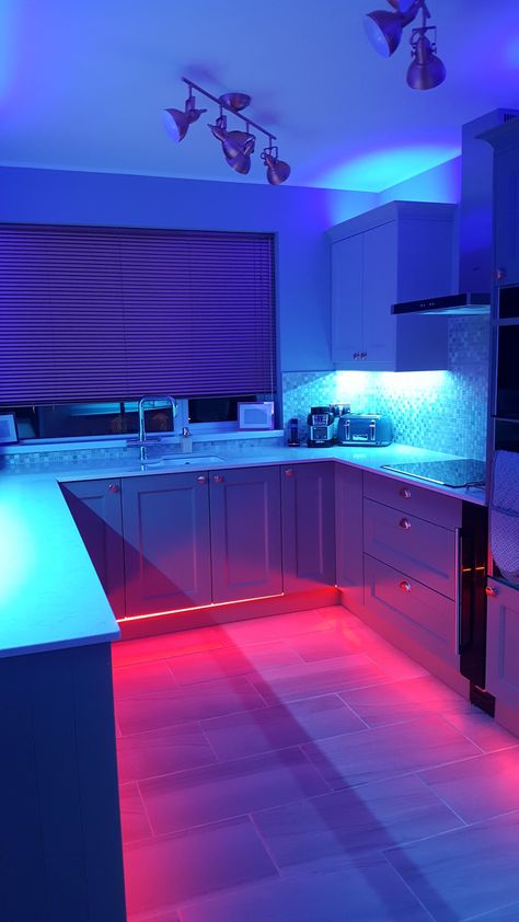 14.4W RGBW LED Tape used to create colour changing lighting in this domestic kitchen project.  #LED #LEDLighting #Kitchen #InteriorDesign #KitchenIdeas #Lighting Home Decor Led Lights, Led Kitchen Ideas, Modern Led Kitchen, Led Light Home, Kitchen Ideas With Led Lights, Led Lights In House, Kitchen Ideas Led Light, Led Lights Kitchen Aesthetic, Led Lights Behind Furniture