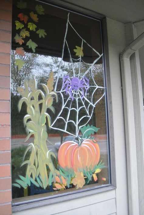 Halloween window design. Diy Halloween Window Decorations, Fall Window Painting, Diy Halloween Window, Halloween Window Display, Window Diy, Painted Window Art, Window Paintings, Window Paint, Painted Windows