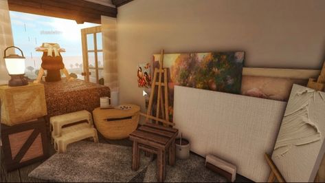 Bloxburg Area Ideas, Bloxburg Cluttered House, Art Studio Bloxburg, Kitchen Decor Bloxburg, Art Room Bloxburg, Bloxburg Fall Living Room, Bloxburg Art Studio, Bloxburg Art Room, Bloxburg Space Fillers