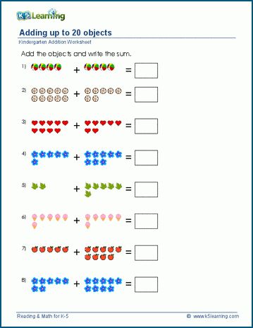 Addition up to 20 using objects worksheets.  Students add groups of objects together; all groups are less than 10 (i.e. single digit numbers) and all sums are less than 20.  Part of a collection of free preschool and kindergarten worksheets from K5 Learning. Ascending Order Worksheet, Ascending Order Worksheet Grade 1, Arrange In Ascending Order Worksheet, Biggest And Smallest Number Worksheet, Vertical Addition Worksheet, Kindergarten Grammar, Kindergarten Math Addition, Early Science, Kindergarten Addition Worksheets