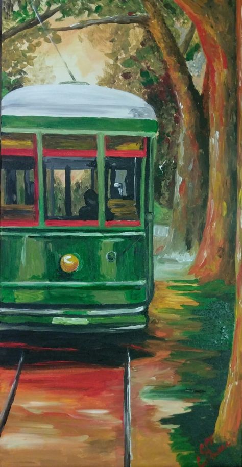 New Orleans Streetcar New Orleans Drawing Simple, New Orleans Street Car, Pastel Car, New Orleans Style, Oil Pastel Art, Aspiring Artist, Water Colors, Street Cars, Pastel Art