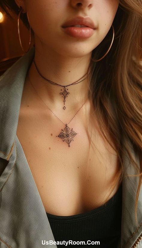 Small Collarbone Tattoo, Collarbone Tattoo Ideas, Girl Spine Tattoos, Small Neck Tattoos, Floral Mandala Tattoo, Collarbone Tattoo, Small Chest Tattoos, Small Shoulder Tattoos, Necklace Tattoo