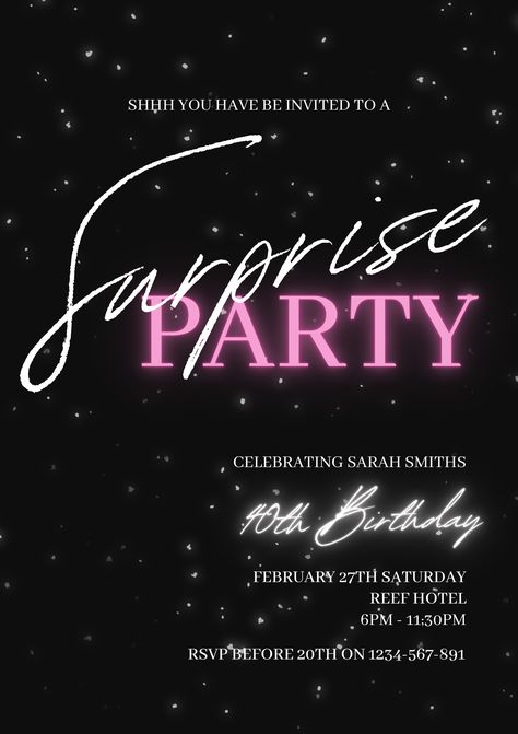 Black And Pink Invitation Template, Black And Pink Invitation, Bling Birthday Party, Neon Party Invitations, House Party Invitation, 18th Party, Birthday 21, 22 Birthday, Surprise Party Invitations