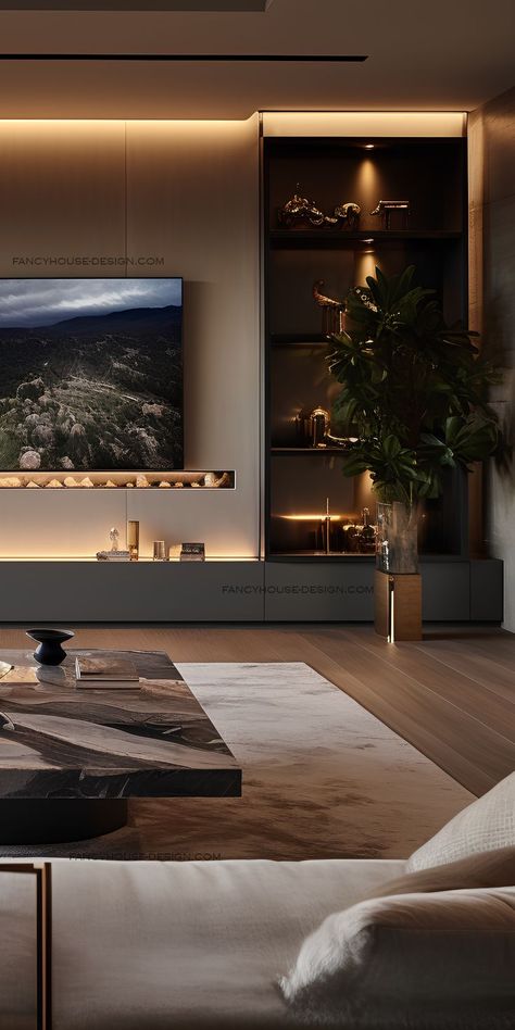 The living room features a high-definition TV mounted on a textured marble wall, creating a TV-centric design. Cozy House Bedroom, Rug Tattoo, Light Aesthetic Room Decor, Luxury Tv Wall, Cozy Fall Home, Brick Living Room, House Bedroom Ideas, Living Room Decor Lights, Wall Art Decor Bedroom