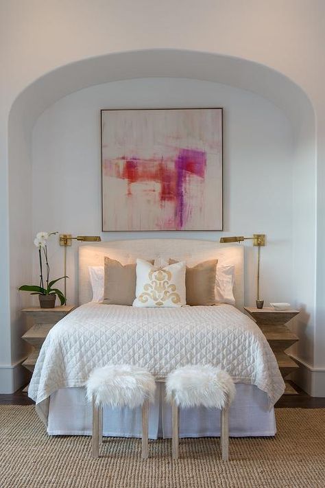 Arched Bed Nook with White Tufted Headboard Arched Bed, Tan Bedding, Purple Abstract Art, Bedroom Wall Decor Above Bed, Bed Nook, Curved Headboard, House Bedrooms, How To Dress A Bed, Above Bed