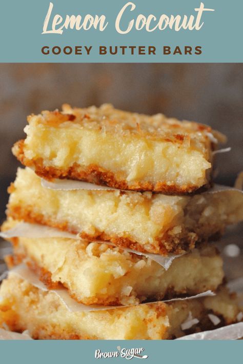 Lemon Coconut Gooey Butter Bars are filled with butter, lemon, and a touch of coconut. You won't forget these delicious dessert bars! #lemon #coconut #dessert #desserts #recipes #dessertrecipes Gooey Butter Bars, Butter Bars Recipe, Chewy Bars, Gooey Bars, Lemon Dessert, Lemon Dessert Recipes, Dessert Bar Recipe, Lemon Coconut, Butter Bars