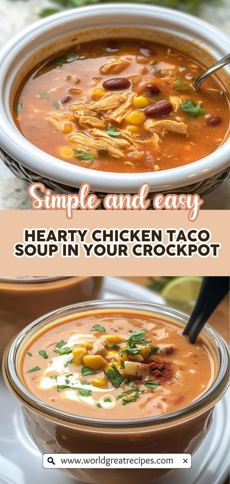 Discover the ultimate comfort food with this Easy Crockpot Chicken Taco Soup recipe! Perfect for busy weeknights, this hearty dish combines tender chicken, zesty spices, black beans, and sweet corn, all simmered to perfection in your slow cooker. With minimal prep time, you can set it and forget it while the flavors meld beautifully throughout the day. Customize it with your favorite toppings like avocado and cheese for a personalized meal that everyone will love! Taco Soup Recipe Crockpot, Crockpot Chicken Taco Soup, Quick Easy Family Meals, Chicken Taco Soup Recipe, Beans In Crockpot, Chicken Tacos Crockpot, Gourmet Dishes, Crock Pot Tacos, Easy Crockpot Chicken