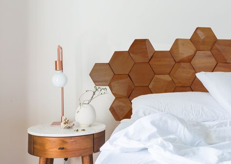 Hexagonal handcrafted wood tiles to make a stunning and unique headboard Hexagon Headboard, Living Room Colour Design, Unique Headboard Ideas, Hexagon Ideas, Wood Walls Living Room, Tile Bedroom, Unique Headboards, Hexagon Wall, Wood Hexagon