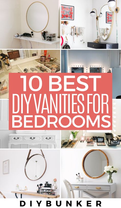 LOVE these DIY makeup vanity ideas for small spaces! #diy #projects #home Vanity Diy Bedroom, Diy Makeup Vanity Ideas, Small Vanity Ideas Bedroom, Small Space Makeup Vanity, Small Bedroom Vanity, Makeup Vanity Ideas, Diy Vanity Table, Vanity In Bedroom, Corner Makeup Vanity