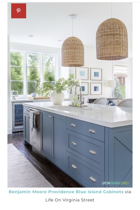 Coastal Inspired Kitchens, Beach Cottage Kitchens, Blue Kitchen Island, Blue Gray Paint Colors, Blue Gray Paint, Blue Kitchen Cabinets, Beach House Kitchens, Cottage Kitchens, Grey Paint Colors