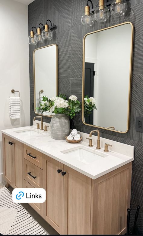 Master Sink And Vanity, Bathroom Accent Wall Behind Mirror, Powder Room Wall Tile Ideas, Small Bathroom Accent Wall Ideas, Powder Bathroom Remodel, Modern Half Bath, Powder Room Accent Wall, Small Guest Bathroom Ideas, Bathroom Revamp