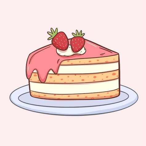 Hand drawn strawberry flavor cake slice ... | Premium Vector #Freepik #vector #cake #hand-drawn #drawing #birthday-cake Strawberry Cake Drawing Art, Animated Cake Drawing, Birthday Drawings Cute, A Dessert Drawing, Cupcake Cakes Drawing, Cupcake Drawing Aesthetic, Drawing Cake Ideas, Cake Slice Cartoon, Kawaii Cake Drawings