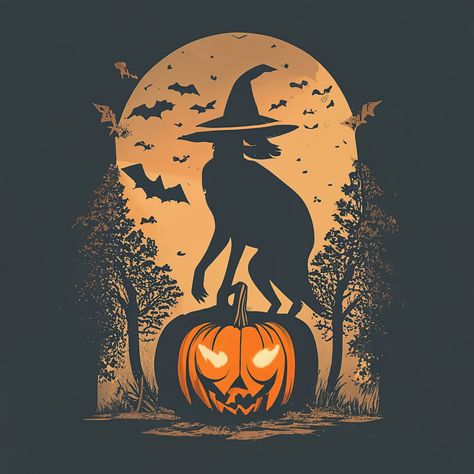 an illustration of a black cat wearing a witch’s hat, sitting on top of a jack-o-lantern. The background is dark with a full moon and bats flying in the sky. The jack-o-lantern has an evil grin and is orange in color. The cat is black and is wearing a pointed witch’s hat. The illustration is set in a forest with trees and bushes in the background. The overall mood of the illustration is spooky and Halloween themed. #Halloween Evil Grin, Bats Flying, Flying In The Sky, Bat Flying, Witch Cat, A Black Cat, A Witch, The Witch, Jack O Lantern