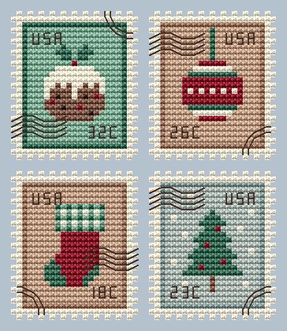 Cute Embroidery By Kate Christmas Postage Stamp - Cross Stitch Pattern - 123Stitch Polar Express Cross Stitch, Mini Cross Stitch Ornaments, Christmas Card Cross Stitch Patterns, Postage Stamp Cards Ideas, Cross Stitch Stamp, Small Christmas Cross Stitch Patterns, Stamp Cross Stitch, Free Christmas Cross Stitch, Stocking Cross Stitch Pattern