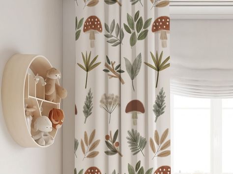 "Mushroom Woodland Nursery Curtains, baby room curtains, mushroom nursery curtains, woodland baby Nursery, Woodland Window Panel ♥ WHY THESE MUSHROOM CURTAINS ARE A GREAT BUY? Nurseries are a special place that should be cozy and comfy for your baby. Curtains should create a napping environment by blocking outside light while still letting your baby enjoy beautiful views with soft-focus backgrounds. These curtains feature beautiful and subtle designs. Don't hesitate to compliment the look with m Woodland Nursery Mushrooms, Toadstool Nursery Decor, Woodland Mushroom Nursery, Mushroom Themed Nursery, Mushroom Curtains, Cottagecore Baby Room, Fairy Nursery Theme, Baby Boy Woodland Nursery, Fall Room Inspiration