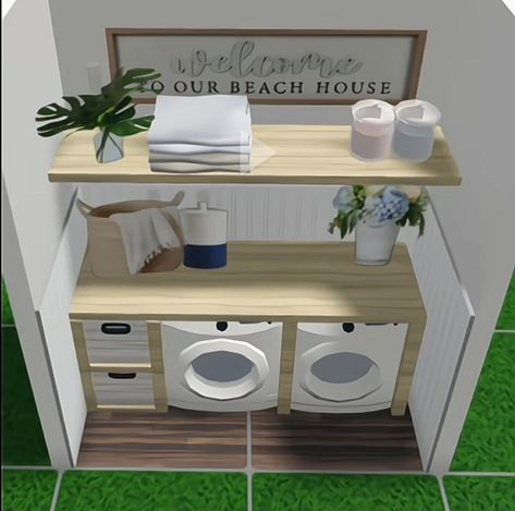 Beach Rooms Bloxburg, Blocksburg Beach House Ideas, Guest Room Bloxburg Ideas, Living Room Bloxburg Coastal, Bloxburg House Layouts Beach 1 Floor, Bloxburg Color Schemes Beach House, Coastal Bloxburg Laundry Room, Bloxburg House Ideas Summer Layout, Beach Kitchen Bloxburg