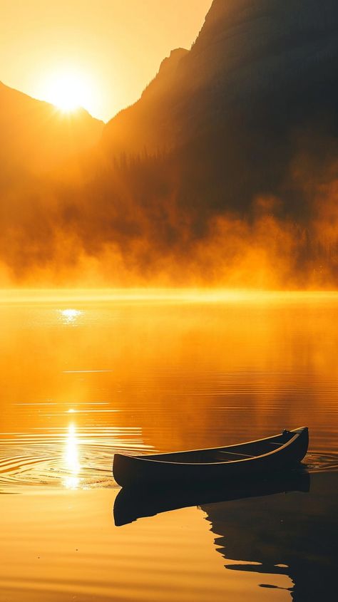 Serene Sunrise Canoe: A solitary canoe floats on a tranquil lake bathed in the golden light of sunrise. #sunrise #canoe #lake #tranquility #golden #morning #mist #reflection #aiart #aiphoto #stockcake https://ayr.app/l/aTbp Golden Morning, Painting Study, Sunrise Lake, Morning Mist, Golden Light, Golden Lights, Small Paintings, Art Stuff, The Golden