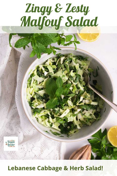 This Malfouf Salad (Lebanese Cabbage Salad) is fresh, delicious and healthy, and a great excuse to use lots of lovely herbs. It makes the perfect side dish for Lebanese and Middle Eastern food, and is a great salad for entertaining or pot lucks. Middle Eastern Cabbage, Malfouf Salad, Main Salad, Middle Eastern Food, Herb Salad, Vegetarian Cabbage, Cabbage Salad, Toasted Sesame Seeds, Crushed Garlic